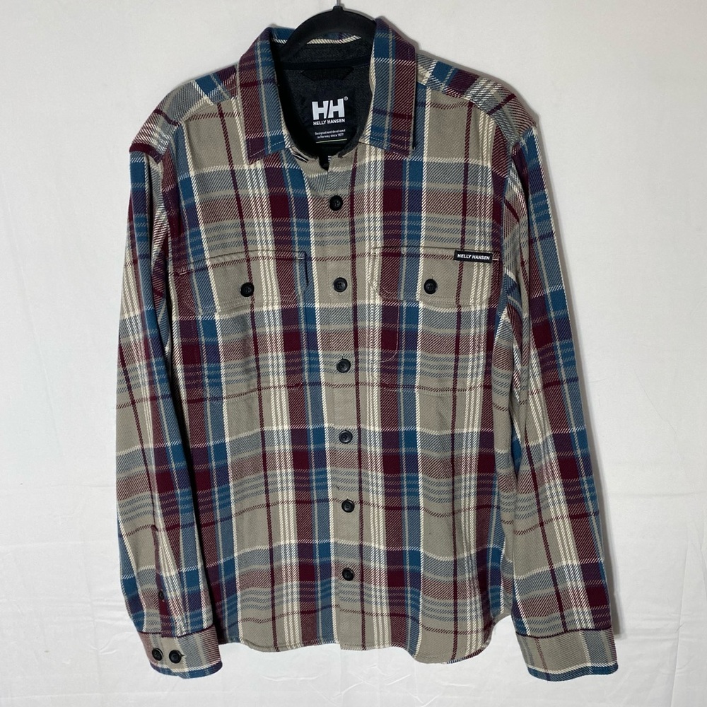 Helly Hansen Tan Burgundy Blue Plaid Cotton Twill Button Up Shirt Shacket L